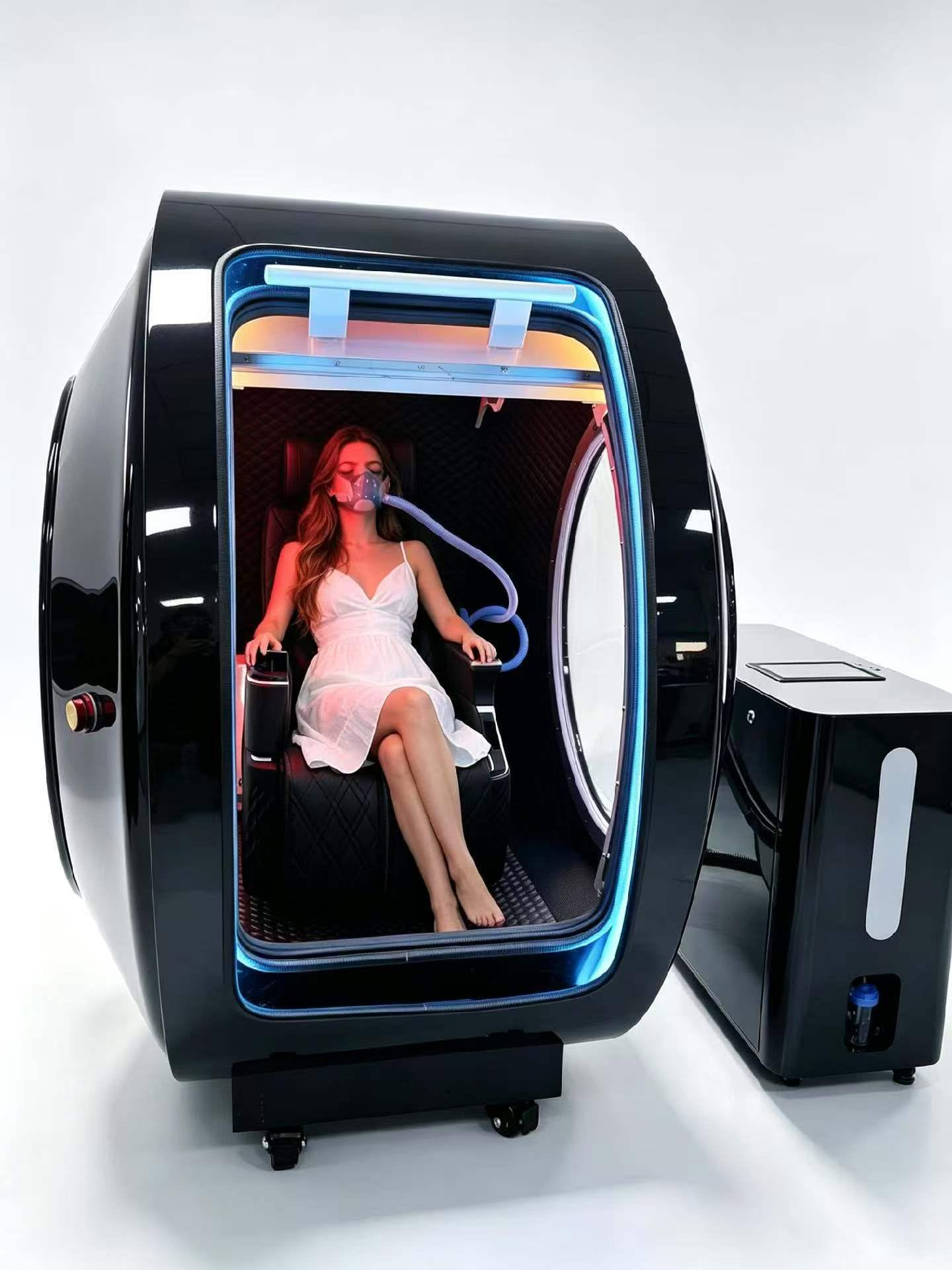 Cámara hiperbárica rígida Time Machine negra para una persona con unidad de equipo integrada