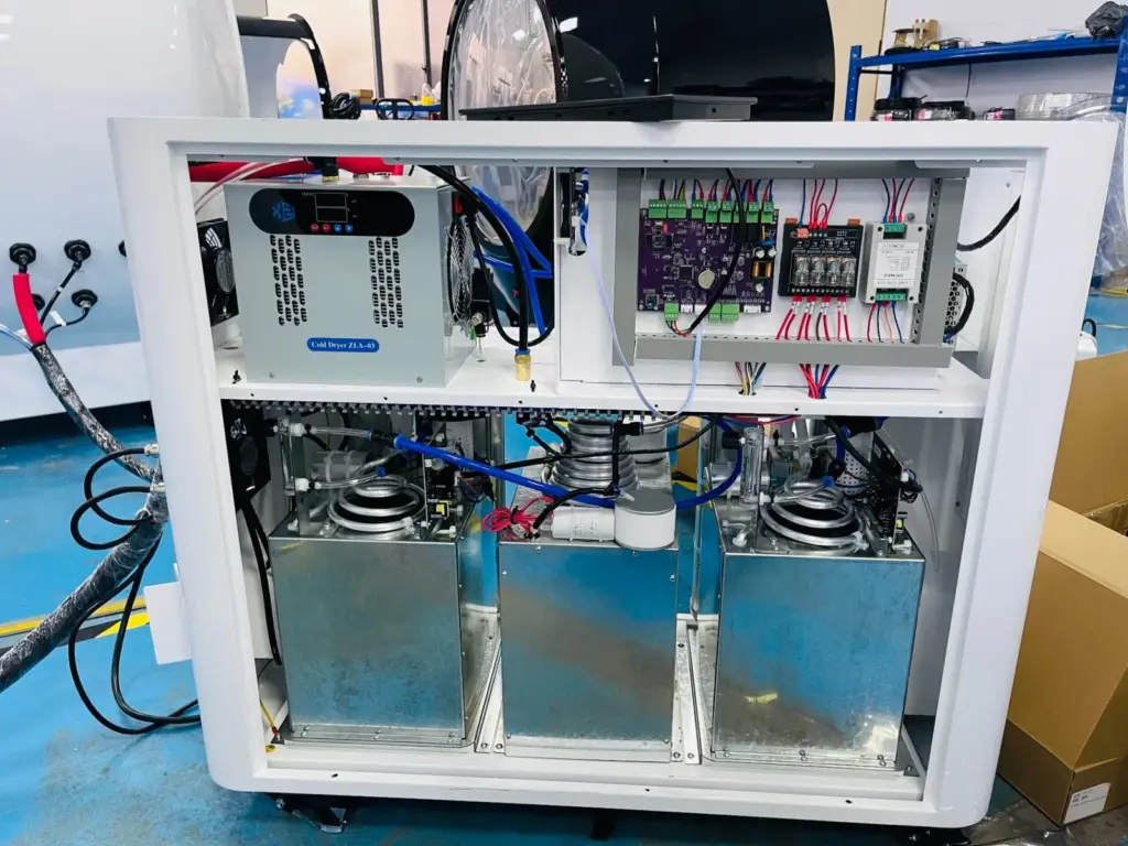 Compressor and control cabinet inside the MindOXY hyperbaric oxygen chamber power unit