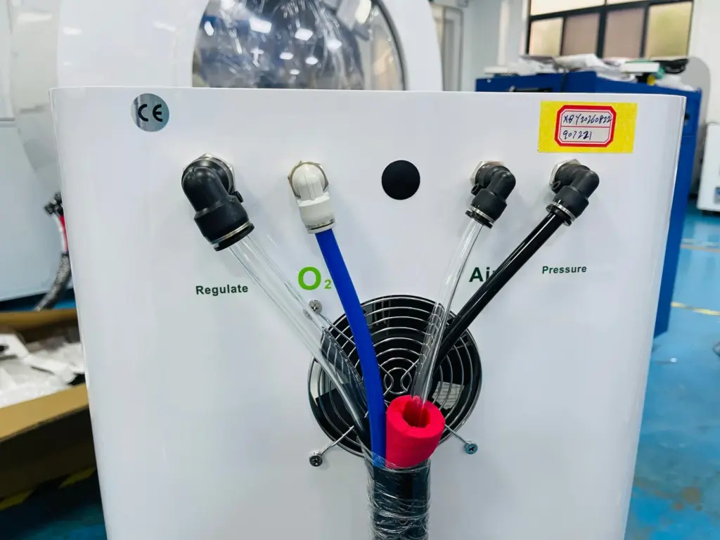 CE-certified oxygen supply unit with labeled regulate, oxygen and air pressure ports